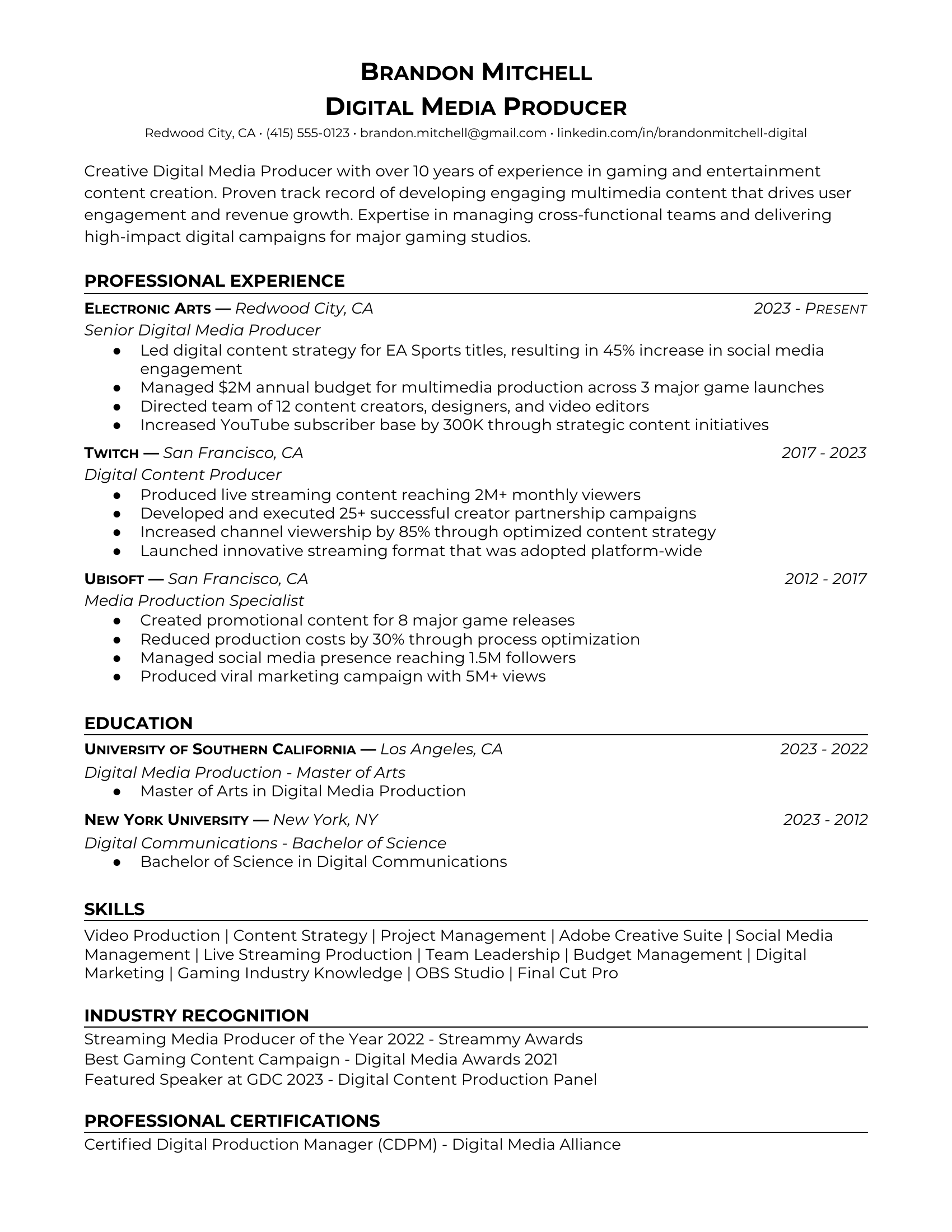 Digital Media Producer in Gaming & Entertainment Resume Examples & Tips ...